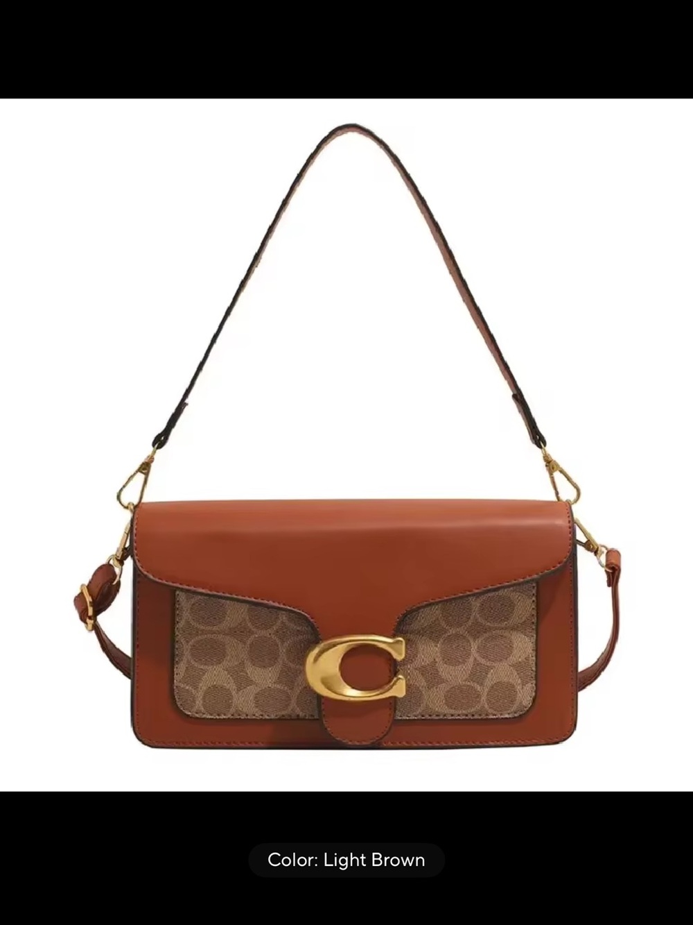 Fashion Light Brown Signature Leather Shoulder Bag with Gold 'C' Accent - Picture 1 of 1